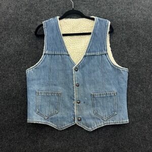 Vintage 70s Nelson Denim Sherpa Lined Vest Mens Large Blue Western Cowboy Snap